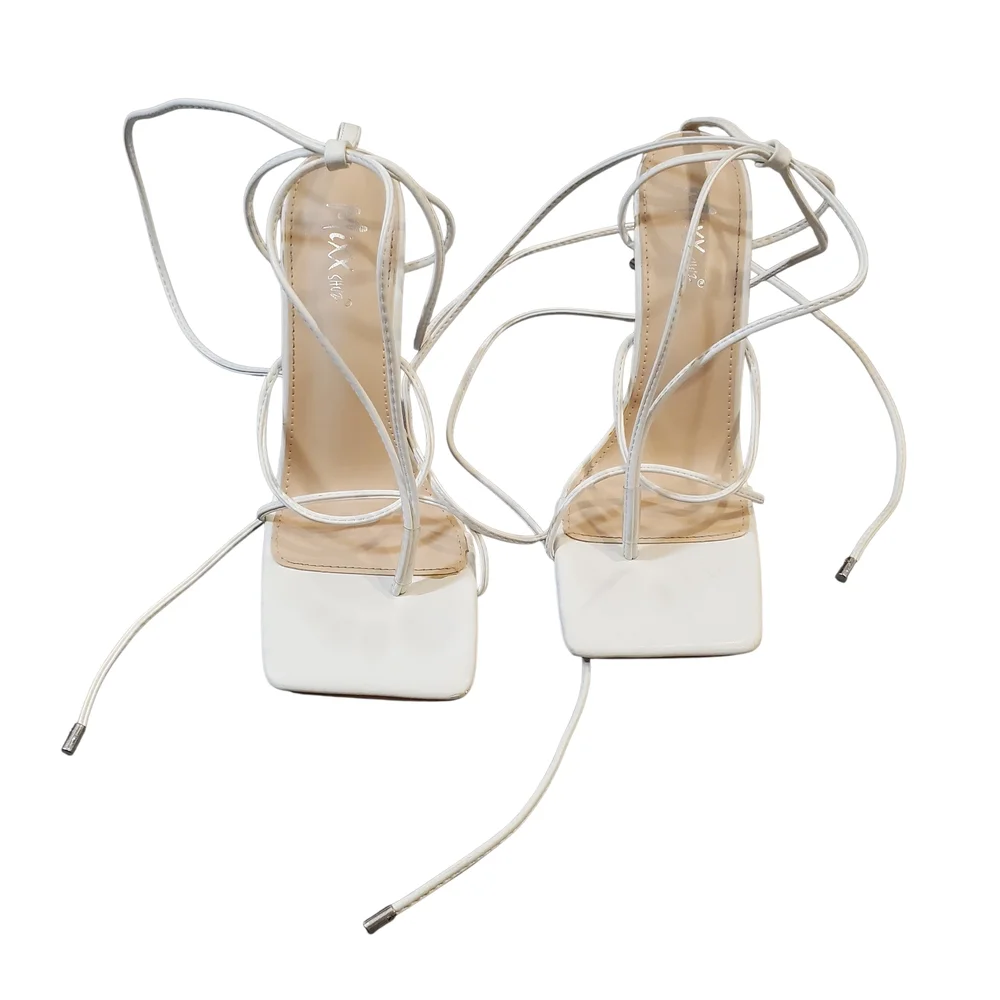 Mixx Shuz Lace Up Heels Size 9 White Strappy Thong Stiletto Heel Sandals